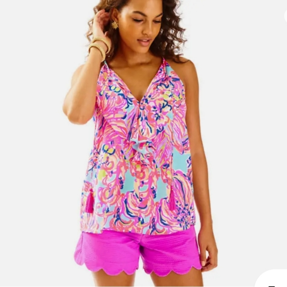 Lilly Pulitzer Lachelle Silk Top Small Serene Blue Big‎ Escapade Tassels S